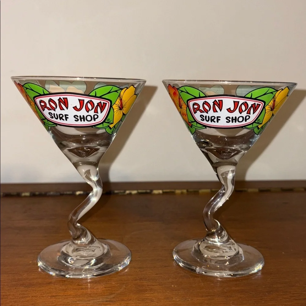 Y2K Era Ron Jon Surf Shop Retro Bent Stem Martini Glass 2 Matching Hibiscus Cute
